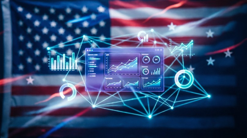 AI business dashboards over the American flag